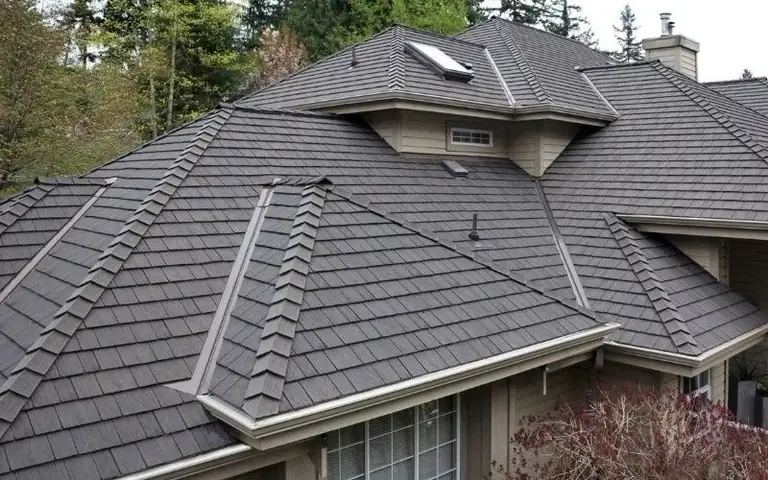 Euroshield rubber roofing shingles, made from recycled tires.
